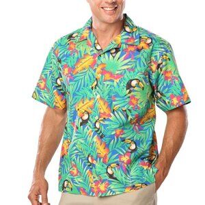 Blue Generation Floral Toucan Tucan Print Hawaiian Pocket Camp Shirt Adult 2XL